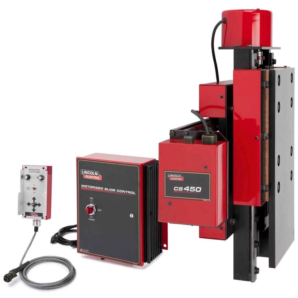 The Lincoln MS450 10 x 10 Motorized Slide System One-Pak K52012-1010 features a vertical wire feeder, motorized slide for precise torch positioning, and a handheld remote with cable, all shown on a white background.