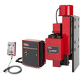 A red and black Lincoln MS450 5 x 5 Motorized Slide System One-Pak K52012-0505 with a control box, wired remote, precise torch positioning motorized slide, and cables stands upright against a white background.