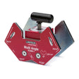 The Lincoln Multi Angle Magnetic Fixture K3309-1 is shown in red with a black handle. Its metal wings and marked angle guides help hold steel parts at precise angles, making it ideal for accurate welding and fabrication tasks.