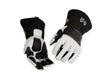 The Lincoln MX Series Premium A4 Cut Resistant MIG Gloves 2XL K5131-2XL feature white Durahide leather palms and fingers with black reinforced knuckles, long black gauntlet cuffs, Kevlar stitching, and LINCOLN ELECTRIC branding.