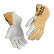 The Lincoln MX Series Premium TIG Welding Gloves L K5132-L feature beige Durahide leather palms and fingers, tan cuffs, black LINCOLN ELECTRIC branding, reinforced stitching, and protective padding for heavy-duty use.