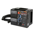 The black, box-shaped Lincoln NA-3 Controller K210-2 features dials, switches, blue and red knobs, and two large analog meters displaying amps and volts. Thick black cables are coiled beside this essential automatic wire feeder for welding systems.