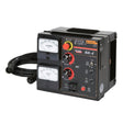 The Lincoln NA-4 Controller K388-2 in black features analog amp and volt meters, labeled controls, indicator lights, cable connectors, a handle, and thick cables—ideal for wire feeders in automatic welding systems.
