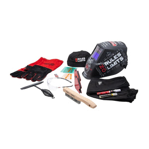 Lincoln No Rules No Limits Welding Kit (K5431-1) with auto-darkening helmet, gloves, brush, magnets, sleeves & safety glasses.