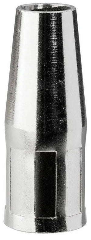 The Lincoln Magnum Pro MIG Wire Nozzle KH835 is a shiny, metallic, silver nozzle with a tapered cylindrical design, angular facets on the lower portion, and a slightly flared opening at the top. It is shown oriented vertically.