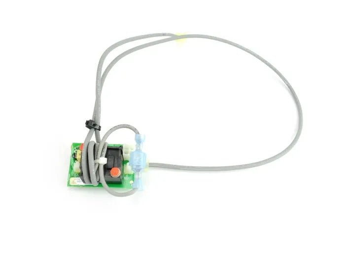 Lincoln S25590-2 AC/DC current sensing PC board for Lincoln welders, with sensor, wires, gray cable loop, blue part on white bg.