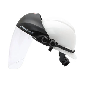 Lincoln OMNIShield K3752-1 welding face shield hard hat with clear ANSI Z87.1 visor and black adjustable strap for safety.