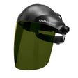 Lincoln OMNIShield Face Shield Shade 5 K3754-1—black helmet, green lens, adjustable strap for welding safety and UV/IR protection.