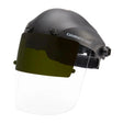 Lincoln OMNIShield Flip-Up Shade 5 Welding Face Shield K4969-1 with UV/IR lens, black impact shell, clear visor, adjustable headband.