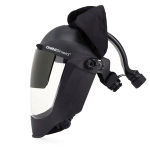 Lincoln OMNIShield PAPR helmet KP5329-1, black full-face welding helmet with visor, respirator, flame-resistant cotton.