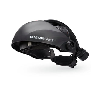 Lincoln OMNIShield XC PAPR Face Shield Headpiece KP5327-1 for welders, features curved visor, adjustable strap, crown protection.