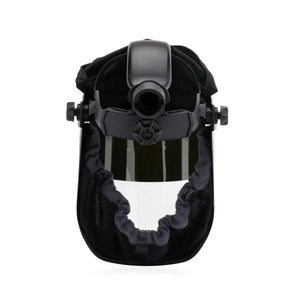 Lincoln OMNIShield XCF PAPR K5324-2 welding respirator with clear visor, backpack mount, and headgear, white background.
