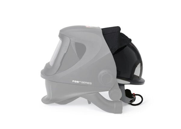 Lincoln PAPR FGS Hard Hat KP4978-1—gray welding helmet with face shield and mask, replacement headcovering on white.