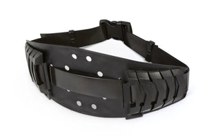 Lincoln PAPR HE Adjustable Belt KP4889-1 for welding respirators, black with compartments, buckle, and silver eyelets on white.