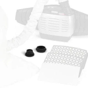 Lincoln PAPR HE Blower Cleaning Plugs (KP4891-1, 2-pack) for welding respirators with white air unit, hose, and filter.