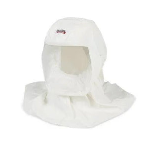 Lincoln PAPR HE Clear Shield Headcover KP4887-1 for welding, with clear visor, white hood & neck protection—WeldingMart safety gear.