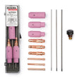 The Lincoln Parts Kit for PTA-26 and PTW-18 TIG Torches KP509 includes pink ceramic gas cups, copper collets, long silver rods, a black threaded cap, all organized in a clear “Lincoln Electric KP509” case on a white background.