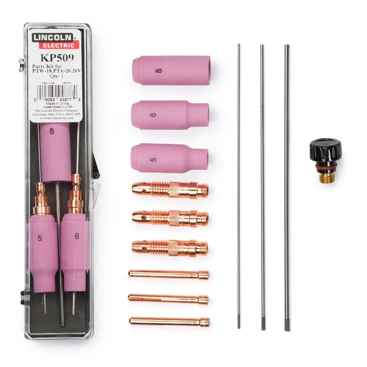 The Lincoln Parts Kit for PTA-26 and PTW-18 TIG Torches KP509 includes pink ceramic gas cups, copper collets, long silver rods, a black threaded cap, all organized in a clear “Lincoln Electric KP509” case on a white background.
