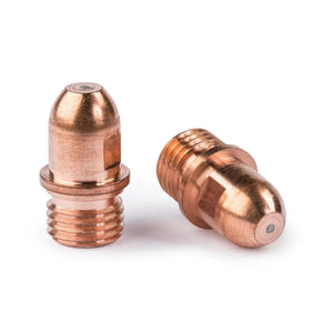 Two Lincoln PCT-125 Electrodes (KP2043-1B1), soon to be discontinued, are shown on a white surface—one upright displaying its tip, the other flat showing its base and threading. Both metal electrodes have a polished copper finish.