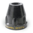 A black, conical Lincoln PCT-20/80 Shield Cup KP2064-1 for plasma consumables with a threaded top, ridged sides, and yellow “PLEASE TIGHTEN F” text at the base. Photographed on a white background.