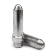 Two shiny Lincoln PCT-60 Electrode KP2012-1B1 metal dowel pins stand out on a plain white background—one threaded and upright, the other leaning. Both have bullet-shaped tips and a reflective, slightly textured surface.