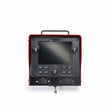 A front view of the Lincoln PipeFab Remote UI K3738-1 shows a red and black electronic device with a central screen, four black control knobs, various buttons (numbers, arrows, function keys) below the screen, and a top handle.