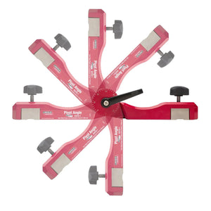 The Lincoln Pivot Angle Magnetic Fixture K3310-1, shown in red with a black adjustment knob, is displayed in multiple transparent positions radiating from its central pivot to demonstrate its adjustable angle measuring and copying range.