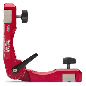 The Lincoln Pivot Angle Magnetic Fixture K3310-1 is a red metalworking tool with rotating arms, measurement markings, two black adjustment knobs, a precise dial, and strong magnets—ideal for setting angles accurately.