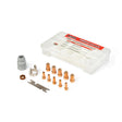 A plastic case labeled “Tomahawk” contains the Lincoln Plasma Consumable Kit for LC65 Handheld & LC65M Machine Torches (KP5348-1), including copper nozzles, tips, a gray part, metal clip, ring, and wrench—all arranged on a white surface.