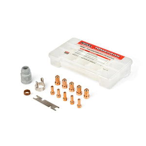 A plastic case labeled “Tomahawk” contains the Lincoln Plasma Consumable Kit for LC65 Handheld & LC65M Machine Torches (KP5348-1), including copper nozzles, tips, a gray part, metal clip, ring, and wrench—all arranged on a white surface.