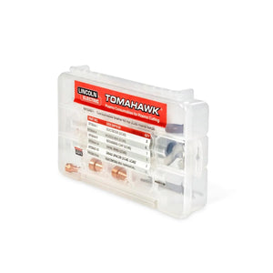 The Lincoln Plasma Consumable Kit for LC65 Handheld & LC65M Machine Torches (KP5348-1) is a clear plastic kit containing labeled nozzles, electrodes, and other small plasma cutter consumables organized in separate compartments.