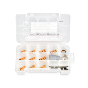 A clear plastic organizer box with hinged lid holds the Lincoln Plasma Consumable Kit for LC65 Handheld & LC65M Machine Torches KP5348-1—copper nozzles, fittings, a silver piece, white disc, and multi-tool arranged for plasma cutters.