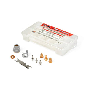 A plastic case labeled Lincoln Plasma Consumable Kit for Lincoln LC25 handheld torch KP5346-1 contains metal parts—copper nozzles, silver tips, a gray cone, a wrench, and washer—neatly arranged in front of the transparent box.