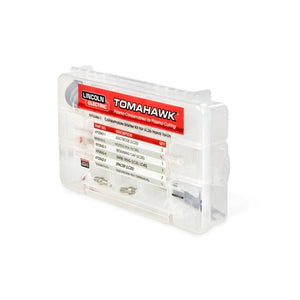 Clear plastic case with red and white label, titled Lincoln Plasma Consumable Kit for Lincoln LC25 handheld torch KP5346-1, contains organized consumables for Tomahawk 375 AIR plasma cutters; part numbers and descriptions are listed on the label.