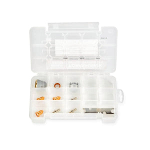 The Lincoln Plasma Consumable Kit KP5346-1 for the LC25 handheld torch includes a transparent organizer box with assorted connectors, nozzles, a wrench, and accessories compatible with Tomahawk 375 AIR plasma cutters.
