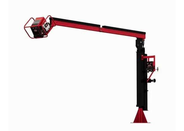 The Lincoln Power Feed 84 Single Boom Ready-Pak K4047-1-12S is a red and black industrial robotic arm with an integrated wire feeder, extended horizontal reach, square cage compartment, control knobs, and a sturdy vertical base against a plain white background.