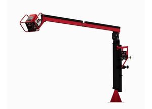 The Lincoln Power Feed 84 Single Boom Ready-Pak K4047-1-12S is a red and black industrial robotic arm with an integrated wire feeder, extended horizontal reach, square cage compartment, control knobs, and a sturdy vertical base against a plain white background.