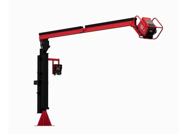 The Lincoln Power Feed 84 Single Boom Ready-Pak K4047-1-12S is a red and black industrial jib crane with a long horizontal arm, wide base, and control box for lifting or positioning heavy objects. Background is plain white.