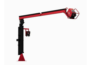 The Lincoln Power Feed 84 Single Boom Ready-Pak K4047-1-12S is a red and black industrial jib crane with a long horizontal arm, wide base, and control box for lifting or positioning heavy objects. Background is plain white.