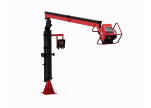 The Lincoln Power Feed 84 Single Boom Ready-Pak K4047-1-12S is a red and black industrial arm with an adjustable vertical base, horizontal boom extension, and rectangular wire feeder device on a metal frame against a plain white background.