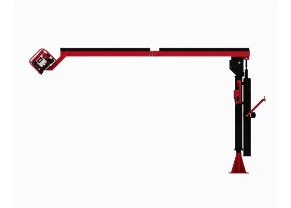 The Lincoln Power Feed 84 Single Boom Ready-Pak K4047-1-12S is a red and black vertical mechanical system with an extended horizontal arm, wire feeder at the end, and a triangular base for stability, shown against a white background.