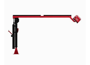 Side view of the Lincoln Power Feed 84 Single Boom Ready-Pak K4047-1-12S, featuring a red and black hydraulic lift arm with extended horizontal boom, control box at the end, and stabilizing base. Lift is isolated on a white background.