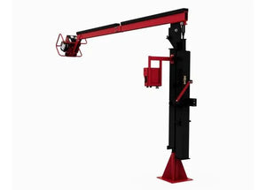 The Lincoln Power Feed 84 Single Boom Ready-Pak K4047-1-12S features a black vertical base with a red triangular support, a long horizontal red arm ideal for wire feeder setups, and a red mechanical gripper. Background is plain white.