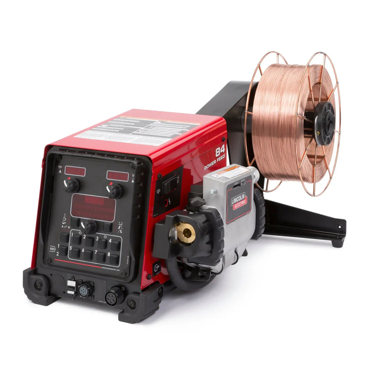 A Lincoln Power Feed 84 Std. Dty Reel One-Pak K3328-7, finished in red and black, features control knobs, switches, digital displays, and a mounted copper welding wire spool. The semiautomatic wire feeder is shown against a white background.