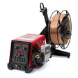The Lincoln Power Feed 84 U/I, Hvy. Dty Reel, USB K3328-13 is a red semiautomatic wire feeder welder featuring a digital display, control knobs, and front panel buttons, with a large metal spool holder for copper welding wire, shown on a white background.