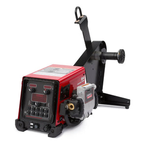 The Lincoln Power Feed 84 U/I, Hvy. Dty Reel, USB K3328-13 is a red and black industrial wire feeder with a digital control panel, display, adjustment knobs, side spool holder arm, and “Lincoln Electric” branding on a white background.