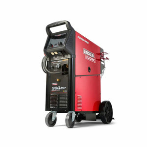 Lincoln Power MIG 360MP Multi-Process Welder K4467-2, red/black, wheeled, with controls and gauges—WeldingMart welding equipment.