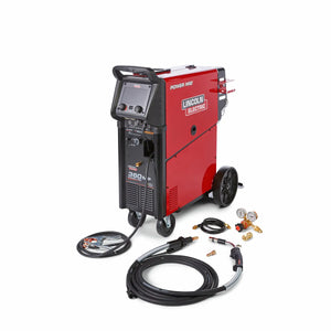 Lincoln Power MIG 360MP Multi-Process Welder K4467-1 with cables, hoses, gauges & accessories, red/black, on wheels.