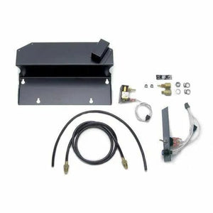 A black metal mounting bracket kit with shelves, cables, connectors, hardware, and electronic components—ideal for use with a Magnum spool gun kit—arranged neatly on a white background.