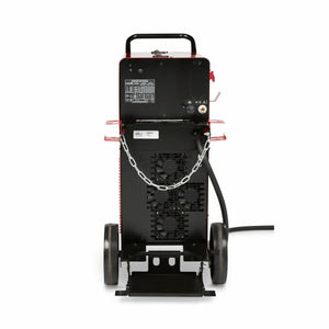 The Lincoln Power Wave 300C Advanced - K4488-1, shown in black and red, stands upright on two large wheels with a top handle, right-side power cable, cooling fans, control panel, and a gas cylinder chain visible from the back.